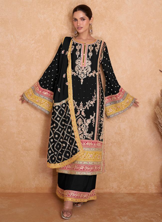 Chinnon Silk Black Party Wear Embroidery Work Readymade Palazzo Suit